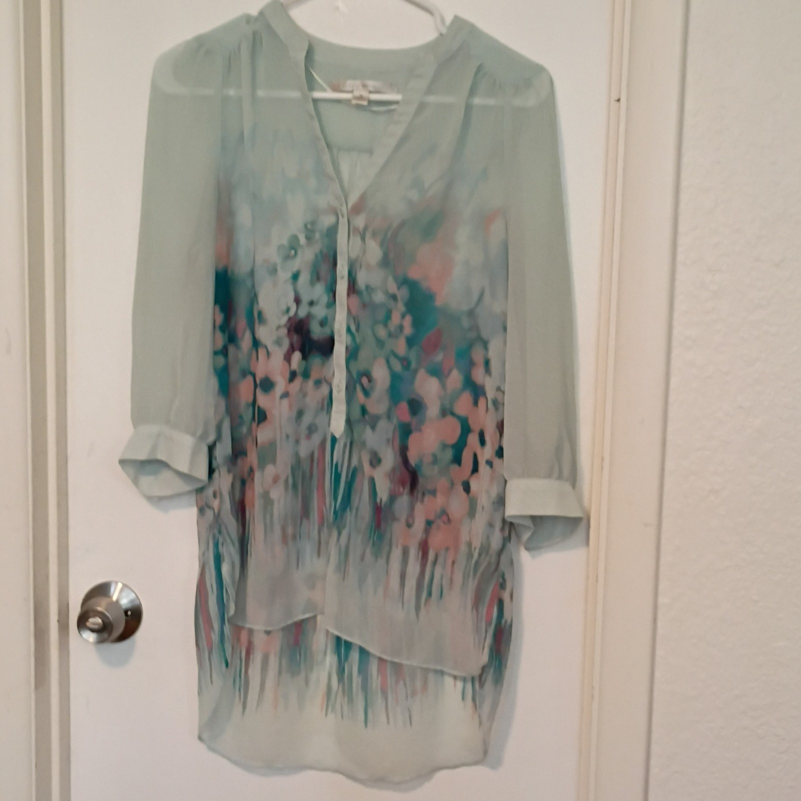 LC Lauren Conrad Floral Shirt Dress 3/4 Sleeve Short Blue Pink Green Size M