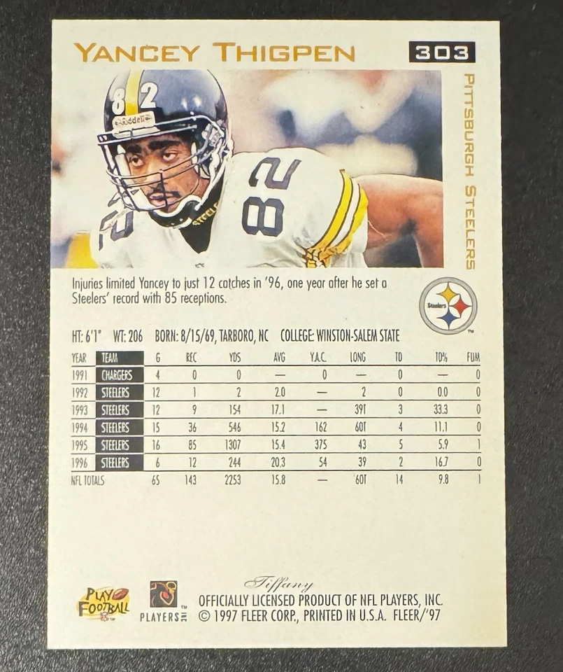 Yancey Thigpen 1997 Fleer Tiffany #303 - Pittsburgh Steelers - Image 2 of 2