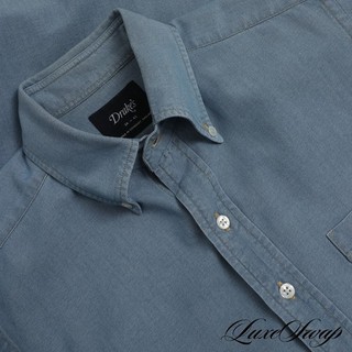 #1 MENSWEAR Drakes Made England Blue OCBD Oxford Cloth Yellow Topstitch Shirt 16