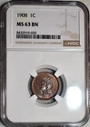 NGC MS-63 BN 1908 Indian Head Cent, Blazing Luster w/ Accents of Original Red.