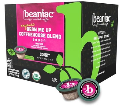 beaniac Organic Bean Me Up Coffeehouse Blend, Medium Roast, Single Serve Comp...