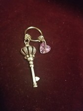 Silvertone Keychain W/Skelton Key And Pink Heart Charms Skeleton Key 2.5" Heart