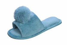 Pupeez Pom-pom Slippers for Women Open Toe; Great for Indoor Outdoor Blue
