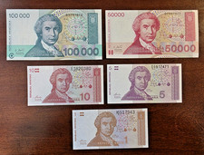 Lot of 5 UNC Croatia Banknotes 1 to 100000 Dinara