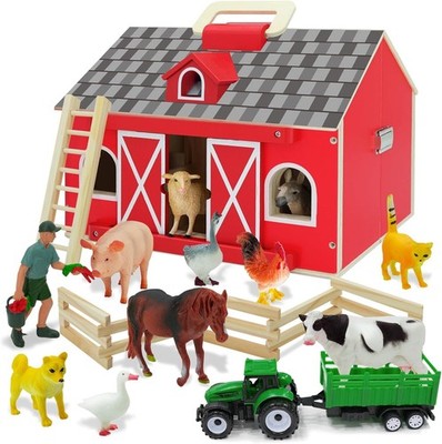 SIMPLIPLAY Farm Animal Toys with Portable Large Wooden Barn for Kids 3+ Years
