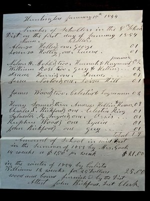   1854 Vermont School District Return Huntington Student     List Bickford