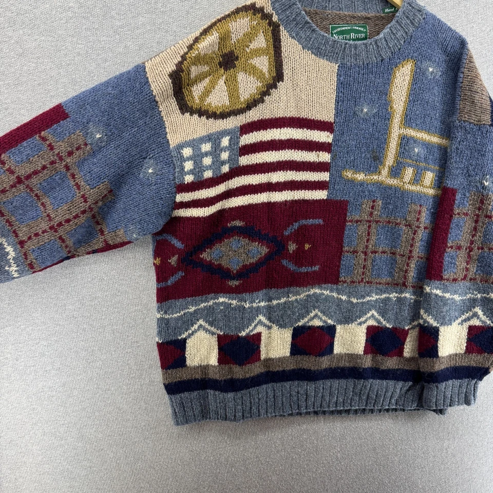 Suéter masculino vintage anos 90 North River grande 100% lã Shetland bandeira de malha manual - Imagem 3 de 4