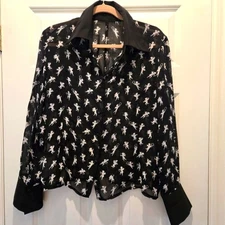 Vintage Y2K Top L Italy Angel Button Down Shirt Semi Sheer Collared Black White
