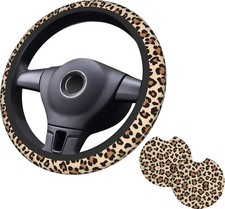 Brown Leopard Print Steering Wheel Cover 15in Anti-slip W 2 Car Coasters