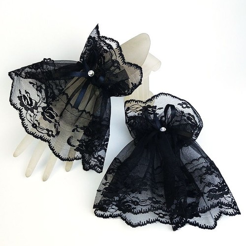 Black Lace Wrist Cuffs - Halloween Gothic Bracelets Bowknot Fingerless Gloves - Picture 8 of 31