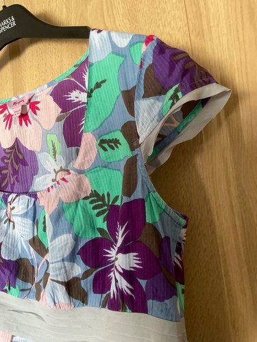 MONSOON Purple Pink White Flowers on Blue Cotton Top Sz 16 Fitted Style SilkTrim - Picture 9 of 10