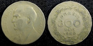 BRAZIL Copper-Nickel 1940 300 Reis Getúlio Dornelles Vargas VF KM# 546 (22 998)