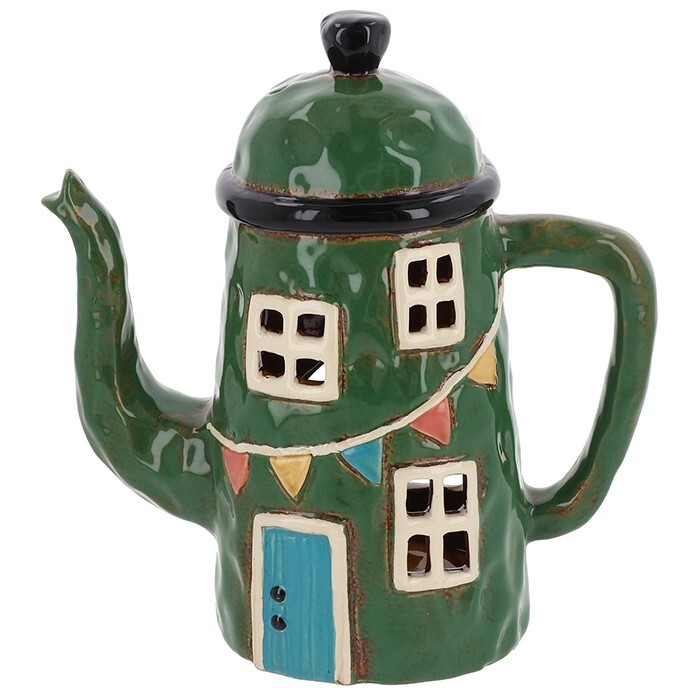 Village Pottery Ceramic Tealight Holder Teapot House - Green 340341