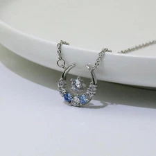 Moon with Blue Crystal Solitaire Dainty Pendant Necklace Sterling Silver