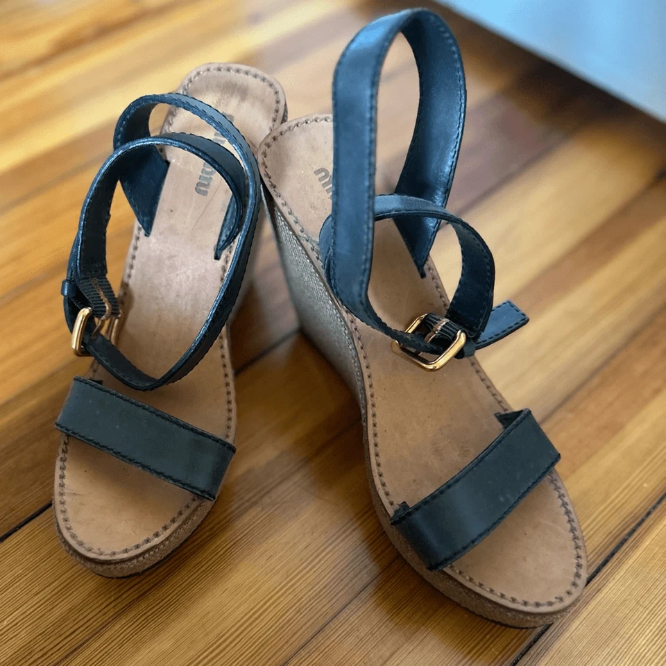 Miu Miu Vintage Leather Platform Wedges Size 37.5/7 - Image 2 of 4