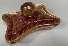 Vintage Red Gold Amoeba Shaped Ceramic Covered Dish Yona Mid Century Modern 50s