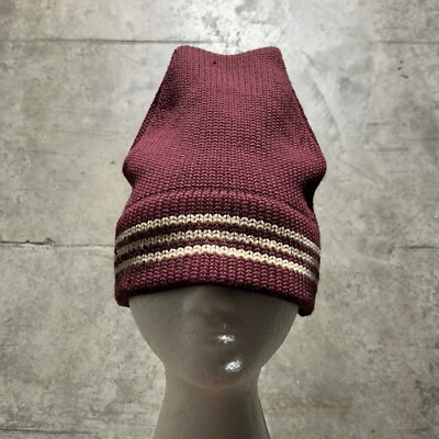 Vintage 80s Ahead Burgundy And Off White 100% Beanie OSFA Made In Hong Kong