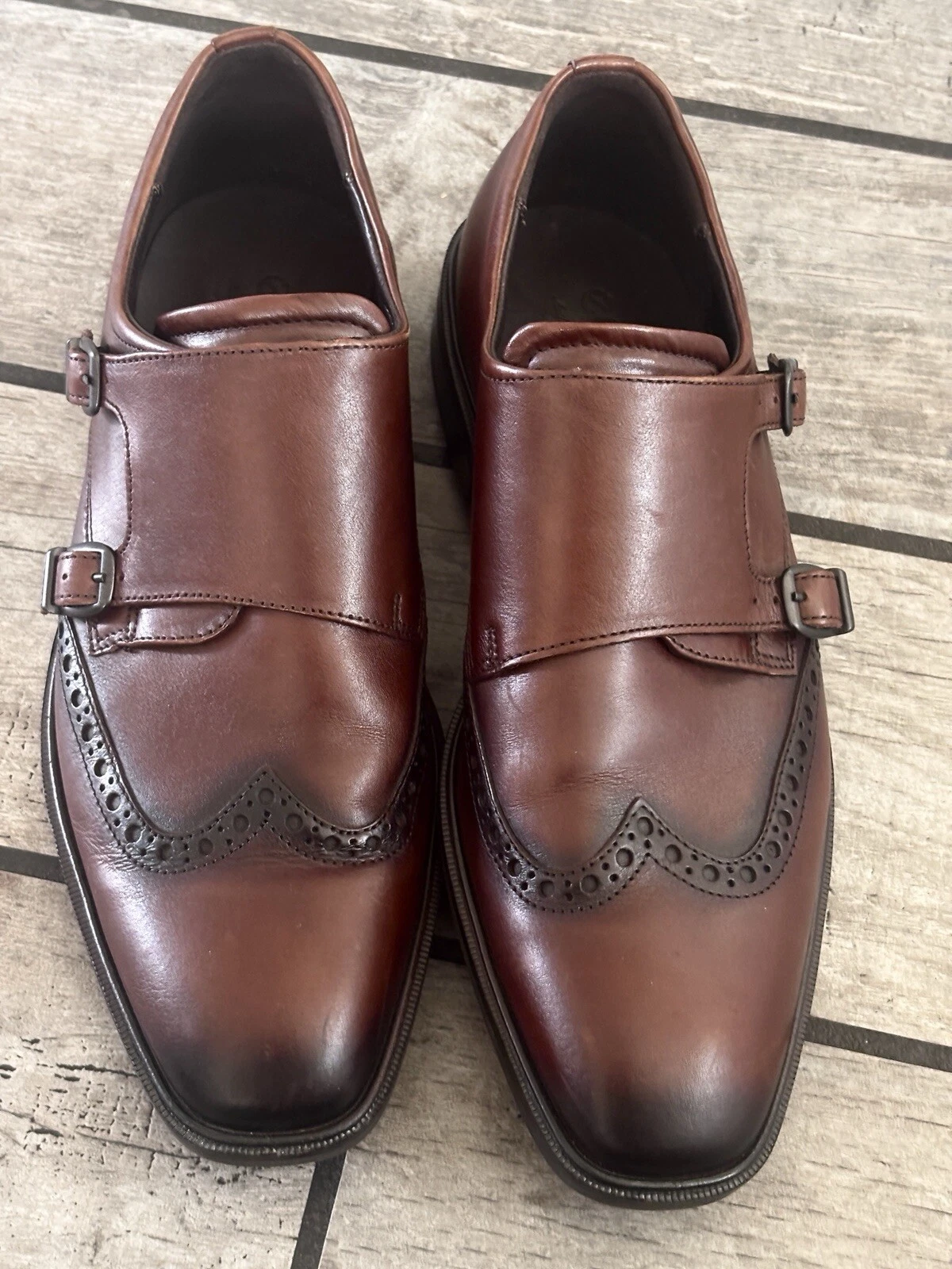 Ecco Monk Double Strap Mens Mahogany Leather Dress Shoes Shock Point Size 9 US
