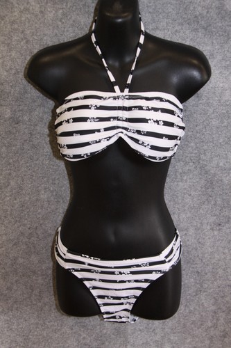 BIKINI SET BANDEAU GRÖSSE 40 - 42 SCHWARZ WEISS GESTREIFT MIT SCHAUMSTOFF KÖRBCH