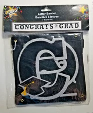 Congratulations GRAD Graduation Banner Black Silver Glitter 7 Feet Unisex