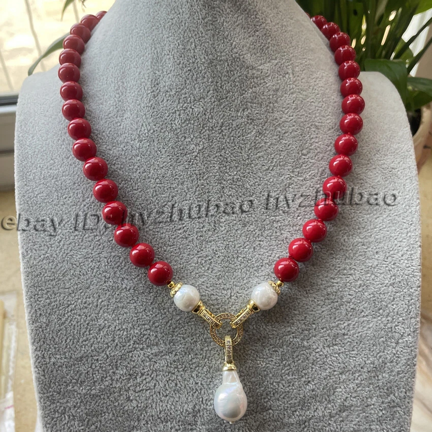 Collar colgante de perlas barrocas de 8/10 mm redondas de perlas rojas de coral de 15x20 mm Foto 3 de 4