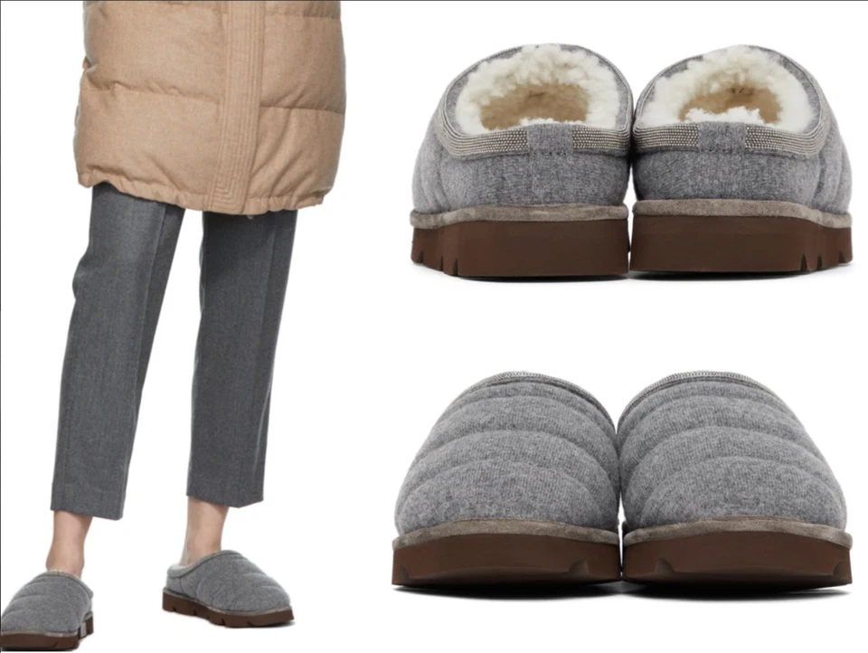 BRUNELLO CUCINELLI Quilted Cashmere Shearling Slippers Zierperlen Schuhe 36