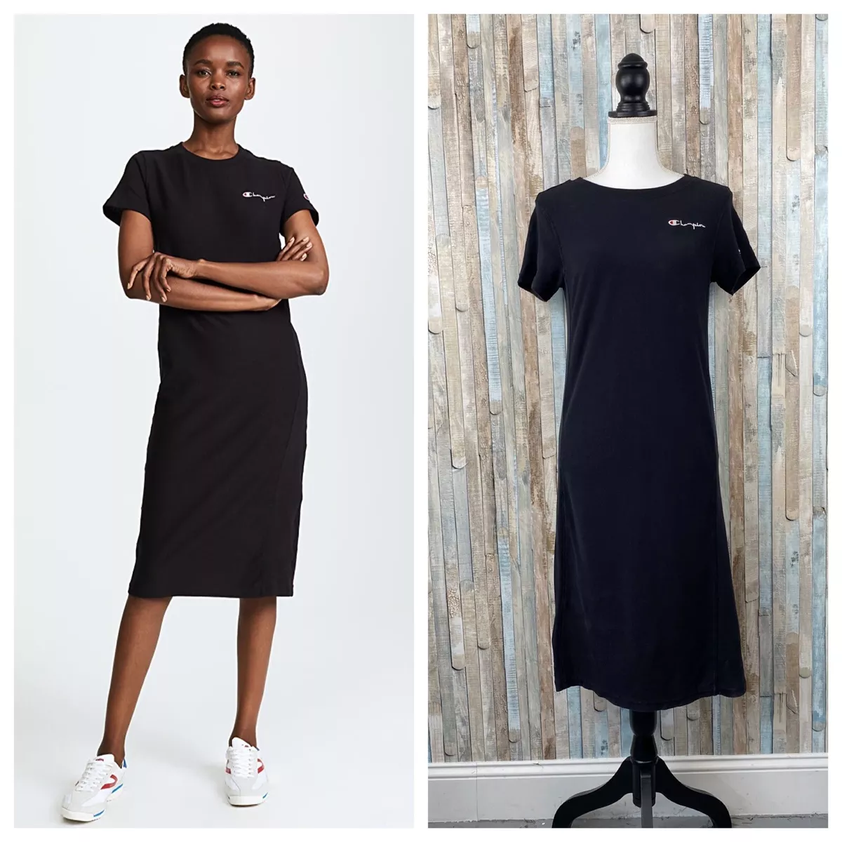 væbner forklædt Malawi Champion XS Black Premium Reverse Weave Knit Logo Midi T Shirt Dress Retro  | eBay