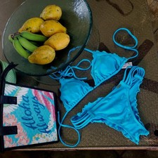 Luli Fama Bikini Set Ruched Brazilian Bottom Wavey Triangle Top Turquoise