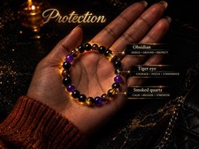 Beaded Gemstone Bracelet Obsidian Tiger Eye Smoked Quartz Healing Protection
