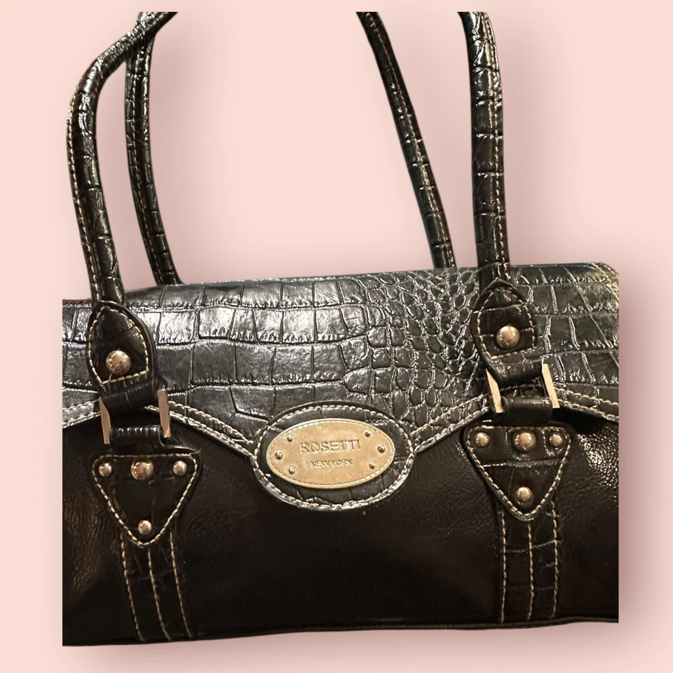 Y2K Purse Patent Shoulder Strap Small Bag Punk Black Faux Leather Alligator Goth - Image 3 of 4