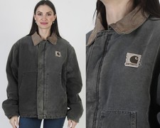 Vintage Carhartt Corduroy Collar Coat Insulated Black Chore Work Full Zip Jacket