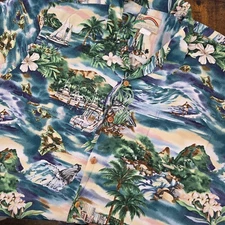 Paradise Found Mens XL Button Up Floral Hawaiian Boats Whale Tropical Palm Trees