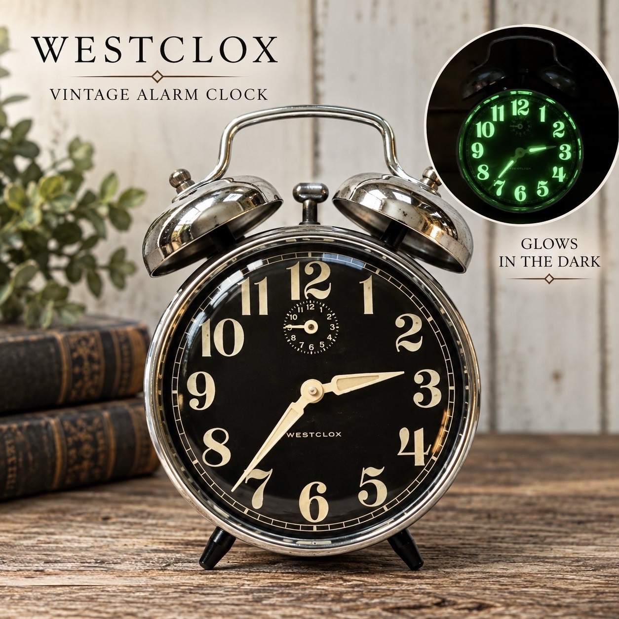 Vintage Westclox Twin Bell Wind Up Alarm Clock - Luminous dials - Works!