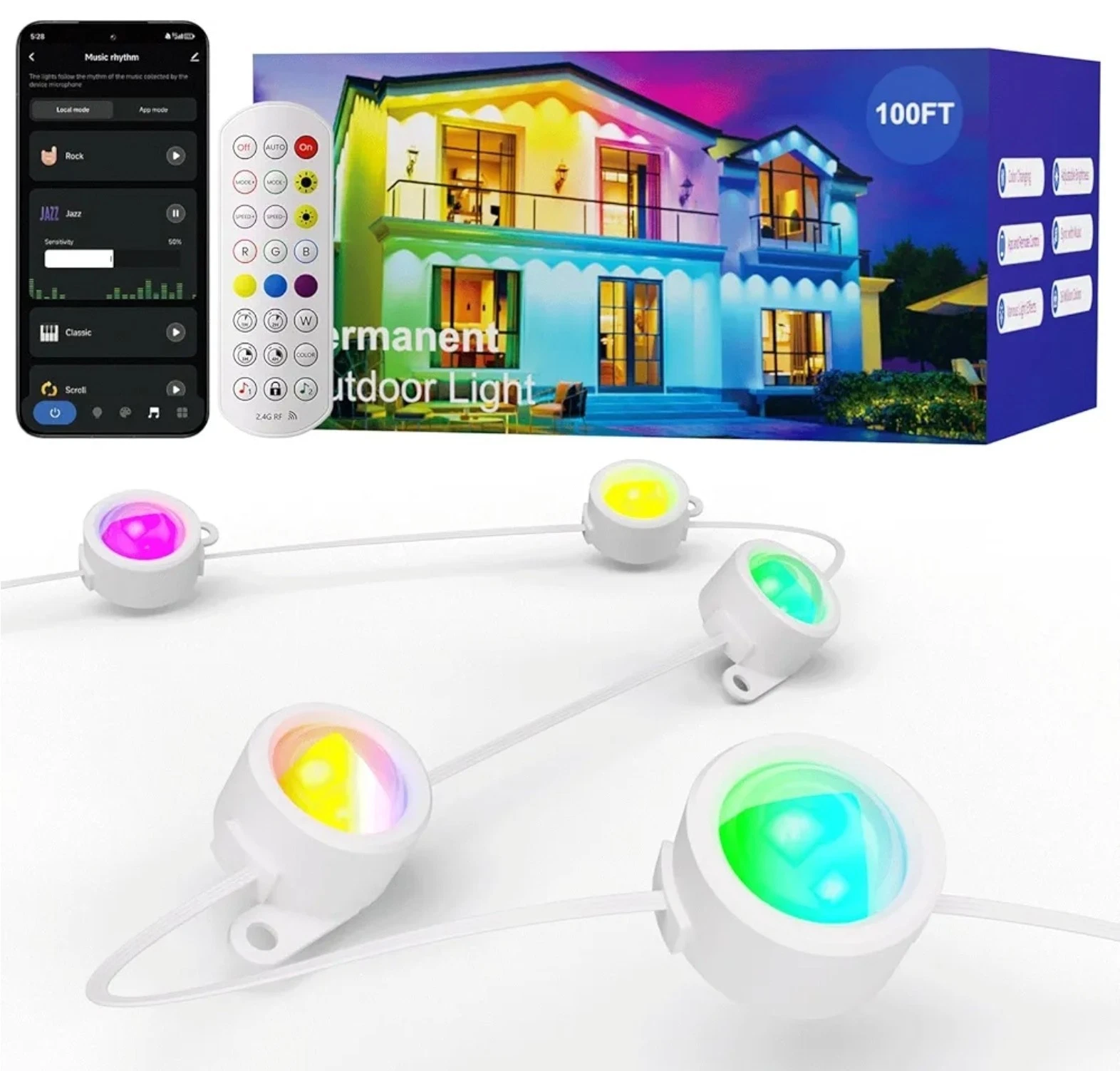 HUTAKUZE Permanent Outdoor Lights, 100FT with 60 RGB LEDs for Outdoor Decor, IP6