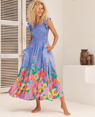 knee length dresses for ladies Blue Floral Smocked Puff Print Midi Dress – Peacocks & Pearls Lexington main image 0