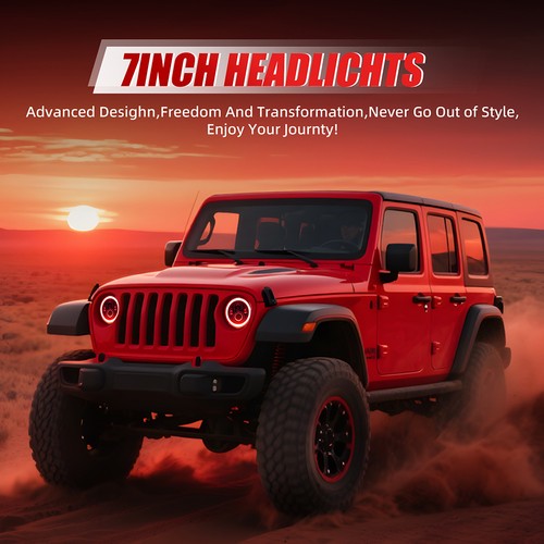 For Jeep Wrangler JK JKU TJ LJ CJ 7" Inch Round LED Headlight Halo Red DRL Lamp - Picture 3 of 12