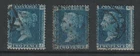 1858 2d BLUE SG45 PLATES 13, 14, AND 15 GOOD/NICE USED