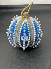 Vintage Push Pin Ornament Satin Ball Sequin Bead Medium Handmade Blue Flaws