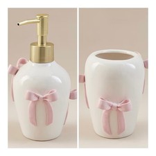 Pink Bow Soap Dispenser And Tumbler Toothbrush Holder Ceramic Coquette Bathroom
