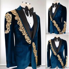 Blue Velvet Men's Suits Prom Jacket Peak Lapel Coat Gold Beading Casual Blazer