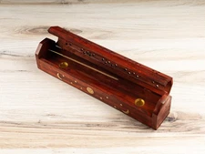 Wooden Coffin Burner, Sun & Moon Brass Inlays Ash Catcher, Incense Holder, 12"