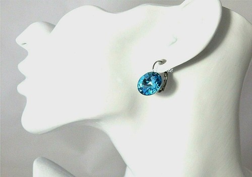 AUSTRIAN CRYSTAL 14MM AQUA BLUE,STAINLESS STEEL,LEVER-BACK EARRINGS-SIZE: LARGE - Picture 7 of 9