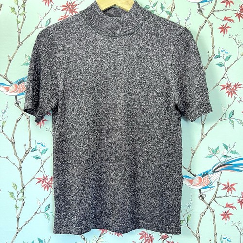 Vtg Black Silver Top Sparkly Lurex Silk Blend Knit Soft Stretch 6th Sense S 8 10 - Picture 3 of 12