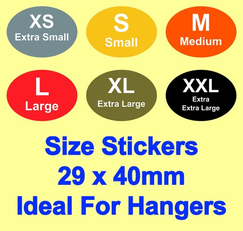 Coloured Ladies & Mens Clothes Size Stickers - Sticky Labels For Hangers - Picture 1 of 7