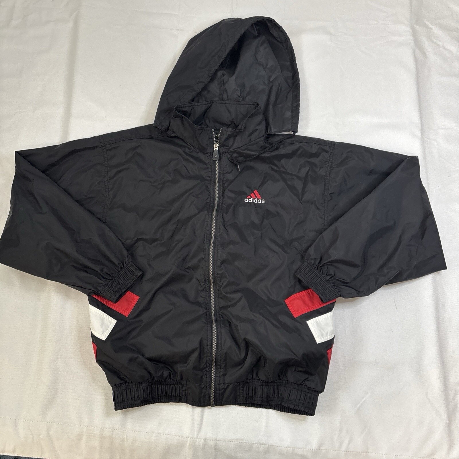 Vintage Adidas Big Stripes Spellout Full Zip Vented Hooded Track Jacket Size Large