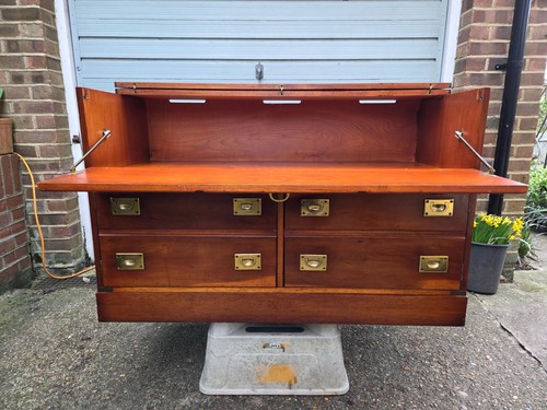 Brass Bound Military Campaign Record Player Media TV Cabinet Chest Drawers - Picture 7 of 22