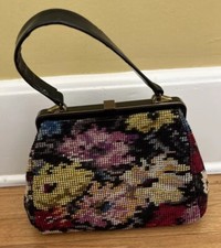 Vintage Antique Petit Point Floral Needlepoint Hand Bag Purse Gold Trim CLEAN