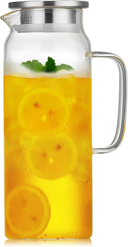 53 Oz Glass Pitcher with Lid and Spout, Water Jug, 1250Ml Carafe for Hot/Cold Wa