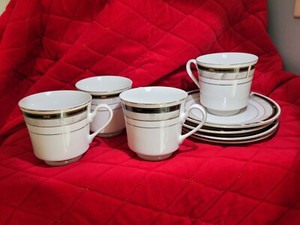 4 Majesty Bellvue Sango China Cup & Saucer Sets Black White 10 1/2" Gold trim