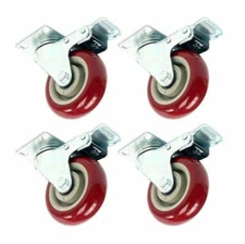 4 Pack 3" Caster Wheels Swivel Plate Total Lock Brake Red Polyurethane PU
